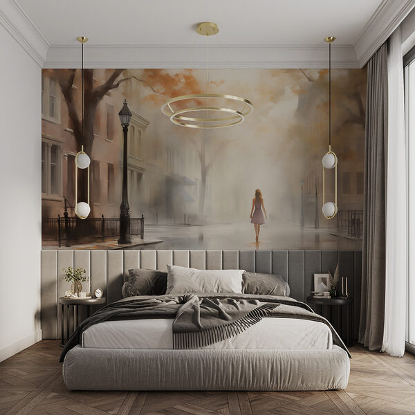 Woman walking down a street in the fog Wall murals Woman walking down a street in the fog