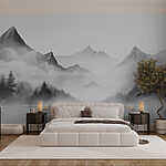 Wall murals Foggy mountain landscape with trees and mountains