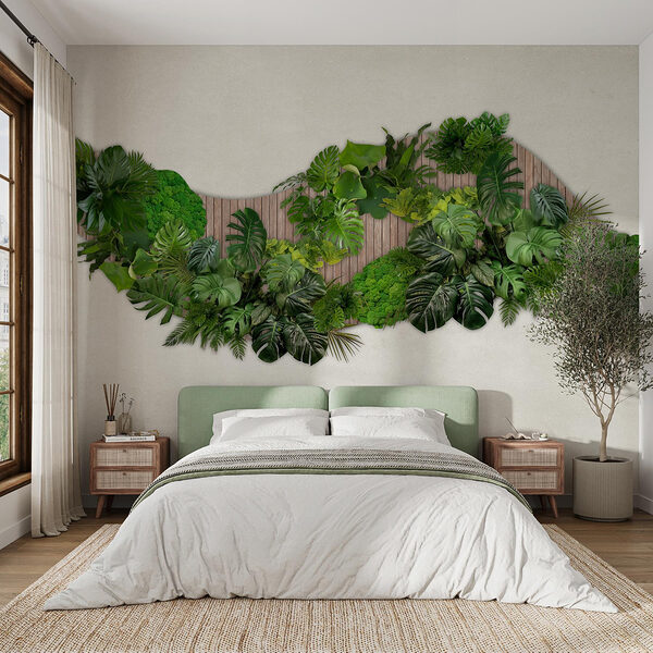 Group of green leaves on a wooden surface Wall murals Group of green leaves on a wooden surface
