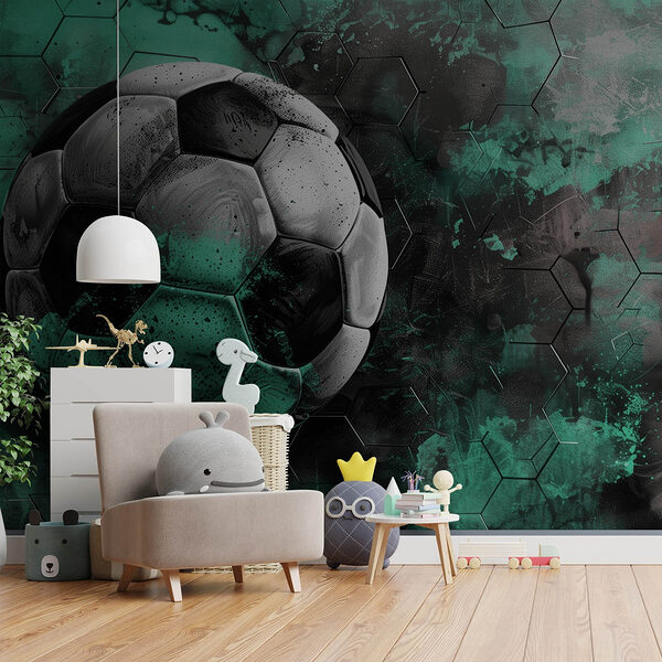 Wall mural Football ball on a green and black background