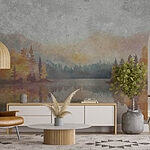 Wall murals Watercolor painting of a lake with trees and mountains