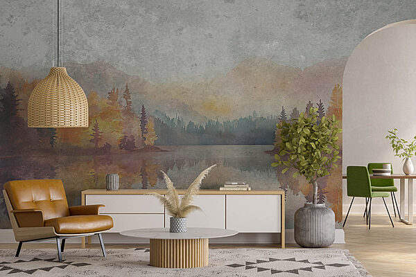 Watercolor painting of a lake with trees and mountains Wall murals Watercolor painting of a lake with trees and mountains
