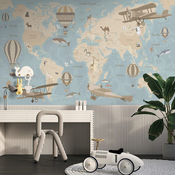 Wall murals Map of the world with airplanes and hot air balloons