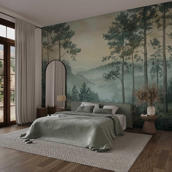 Wall murals Wall murals Painting of a forest with fog (SKU: w02690)