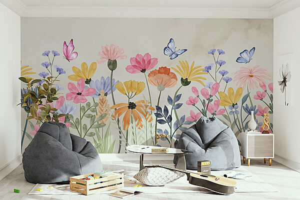 Painting of flowers and butterflies Wall murals Painting of flowers and butterflies