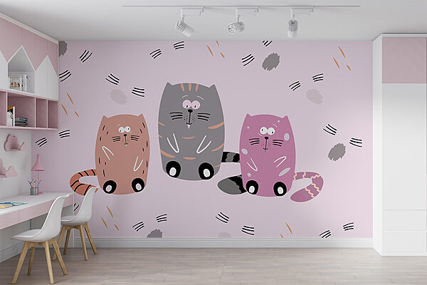 Group of cats sitting on a pink surface Wall murals Group of cats sitting on a pink surface