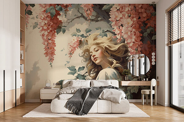 Woman in a tree with flowers Wall murals Woman in a tree with flowers