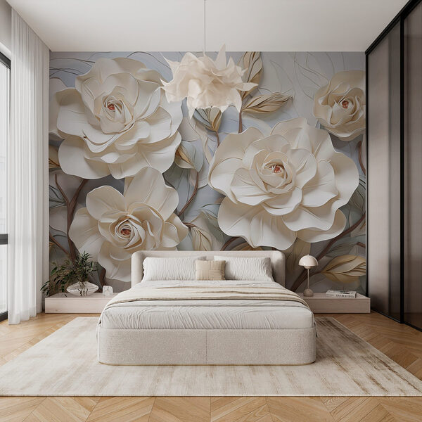 White flowers and leaves on a white surface Wall murals White flowers and leaves on a white surface