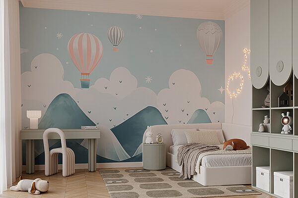 Hot air balloons flying over mountains Wall murals Hot air balloons flying over mountains