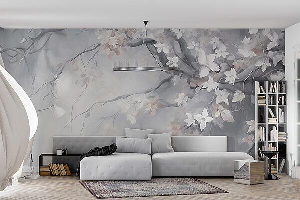 Painting of a tree with white flowers Wall murals Painting of a tree with white flowers