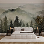 Wall murals Foggy mountain range with trees