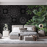 Wall murals Black and grey wallpaper with green leaves