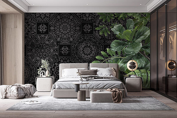 Black and grey wallpaper with green leaves Wall murals Black and grey wallpaper with green leaves