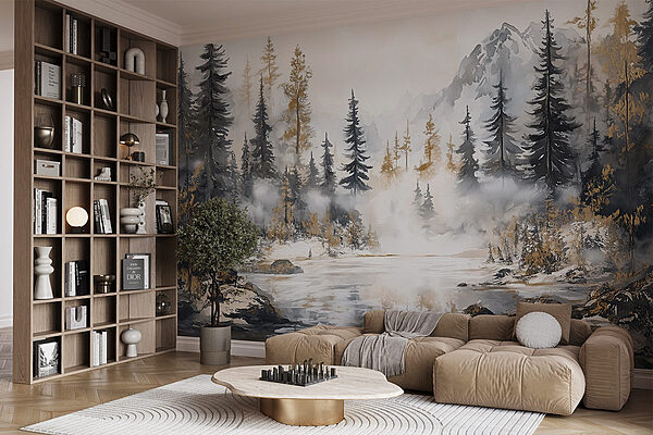 Watercolor painting of a forest and mountains Wall murals Watercolor painting of a forest and mountains