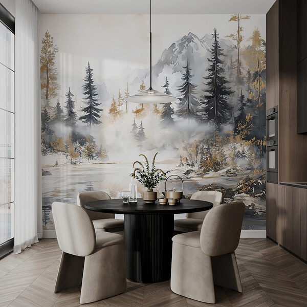 Wall mural Watercolor painting of a forest and mountains