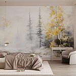 Wall murals Watercolor painting of a river with trees and snow