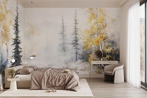 Watercolor painting of a river with trees and snow Wall murals Watercolor painting of a river with trees and snow