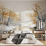 Wall murals River with snow and trees