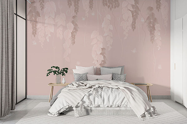Wall murals Pink and white background with leaves and butterflies