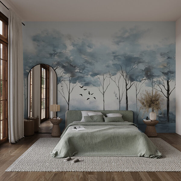 Group of trees with birds flying in the air Wall murals Group of trees with birds flying in the air