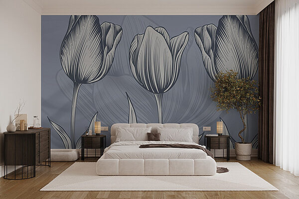 Line of flowers on a blue background Wall murals Line of flowers on a blue background