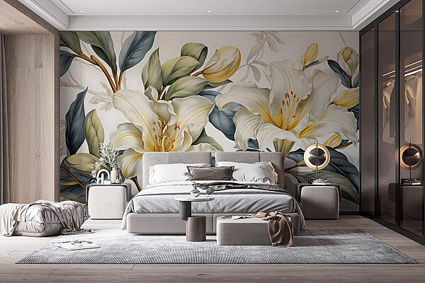 Elegant blooms among lush greenery Wall murals Elegant blooms among lush greenery