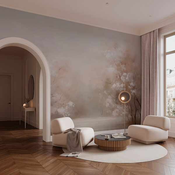 Water with trees and a foggy sky Wall murals Water with trees and a foggy sky