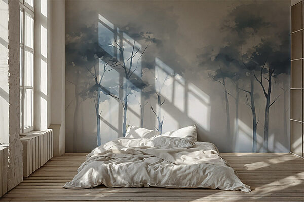 Group of trees in a foggy forest Wall murals Group of trees in a foggy forest