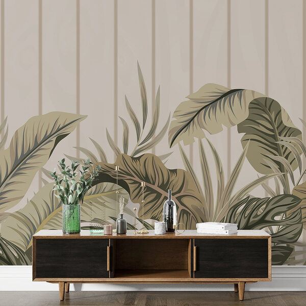 Wall murals Lush leaves against a wooden backdrop