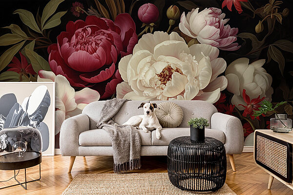 Painting of flowers on a black background Wall mural Painting of flowers on a black background