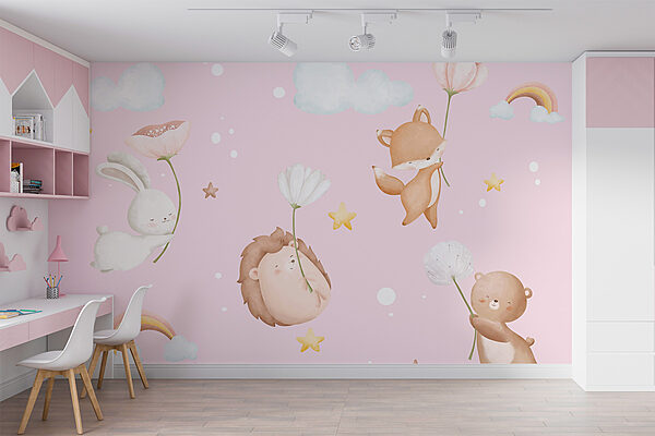 Group of animals holding flowers Wall murals Group of animals holding flowers