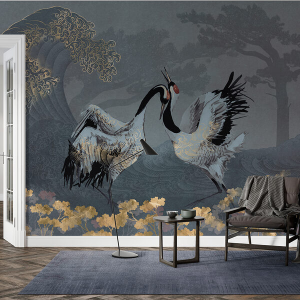 Wall mural Two birds standing in a field