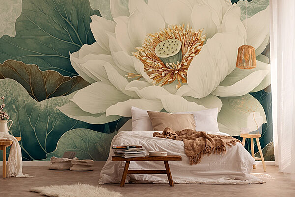 Wall murals White flower with green leaves