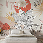 Wall murals Flower and leaves with red sun