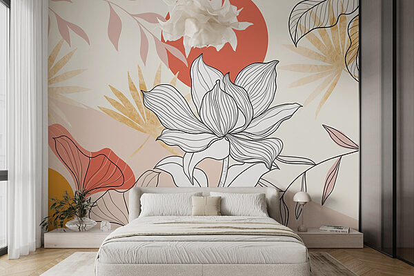 Flower and leaves with red sun Wall murals Flower and leaves with red sun
