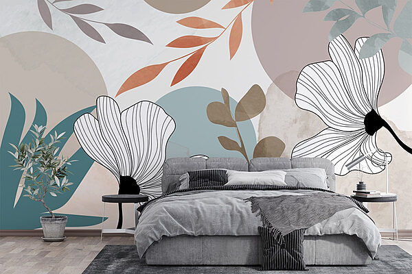 White flowers with brown leaves and blue circles Wall murals White flowers with brown leaves and blue circles
