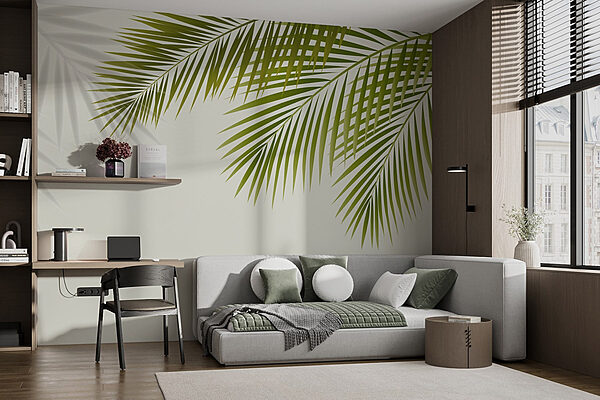 Green leaves on a white background Wall murals Green leaves on a white background