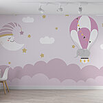 Wall murals Cartoon elephant and moon in a balloon