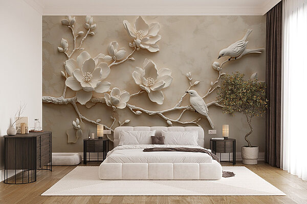 Wall murals White bird on a branch with flowers