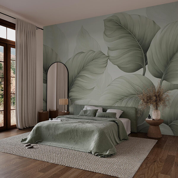 Wall mural Lush leaves in soft green tones