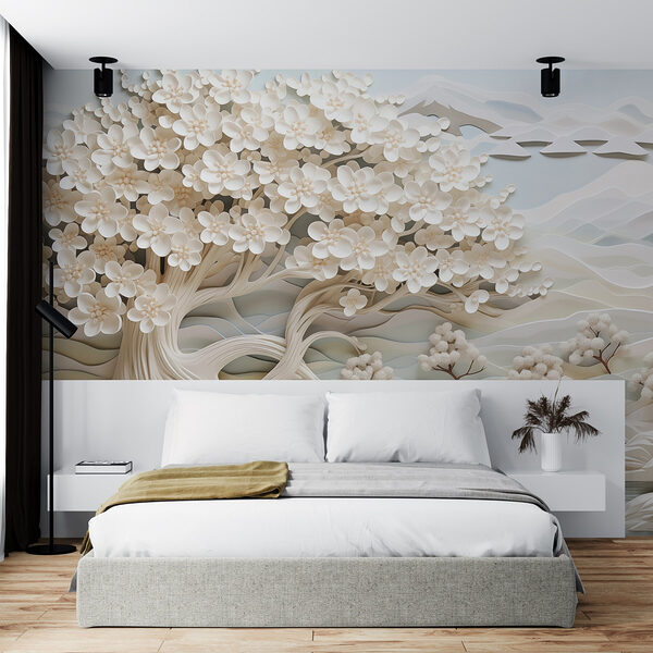 Wall murals Wall murals White tree with white flowers and a river (SKU: w02974)