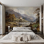 Wall murals Watercolor painting of a castle on a hill with trees and mountains