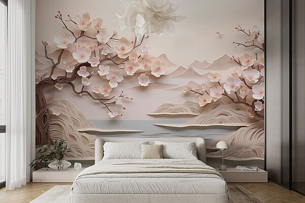 Paper cut out of a tree with flowers and water Wall murals Paper cut out of a tree with flowers and water