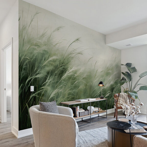 Field of grass with white clouds Wall mural Field of grass with white clouds
