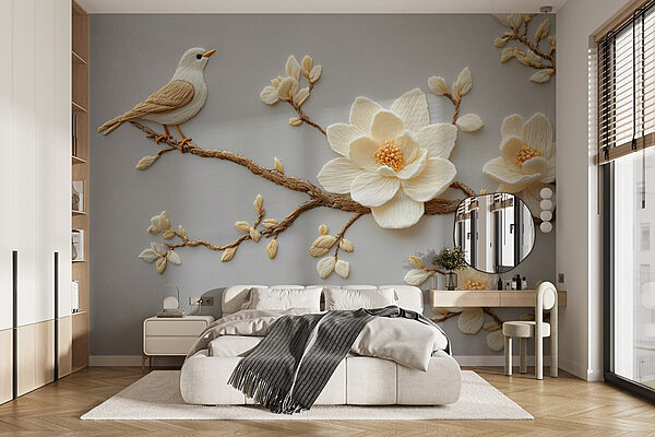 Bird on a branch with flowers Wall murals Bird on a branch with flowers