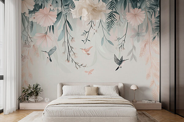 Bird flying over flowers Wall murals Bird flying over flowers
