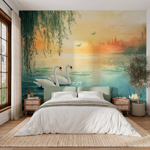 Two swans in a lake Wall murals Two swans in a lake