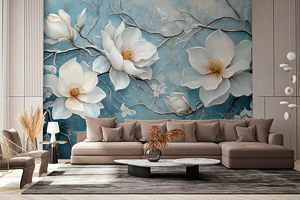 Painting of white flowers on a blue background Wall murals Painting of white flowers on a blue background