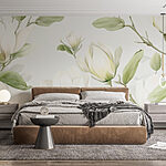 Wall murals White flowers with green leaves