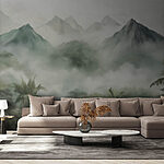 Wall murals Foggy landscape with mountains and trees
